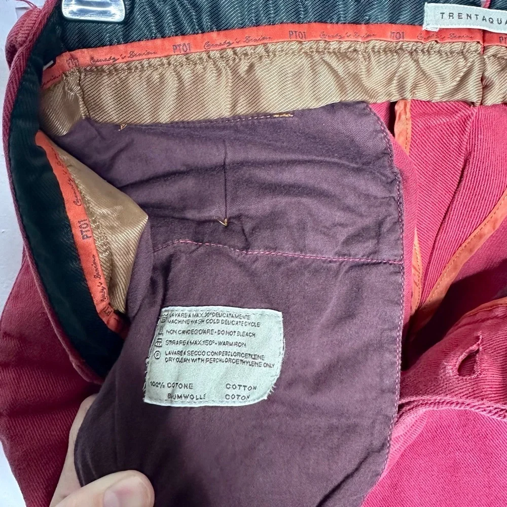 PT01 Carnaby’s Denim Red Pink Trentaquattro Button Fly Chino Pants Trousers - Picture 4 of 12